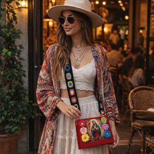 Mother Guadalupe Red Cigar Box Purse w/Boho Adjustable Crochet CrossBody Strap